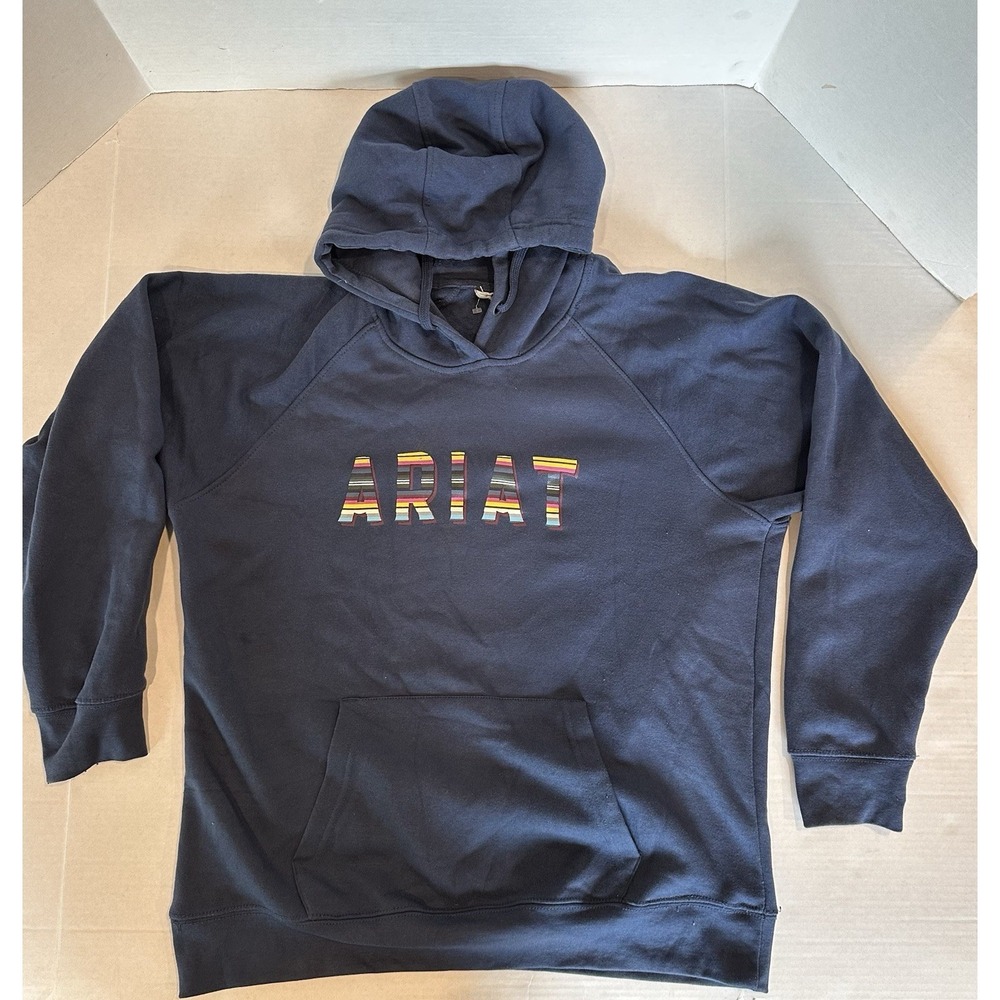 Ariat Serape Logo Hoodie Sweatshirt Pullover Navy Blue 22.5 X 27 Womens